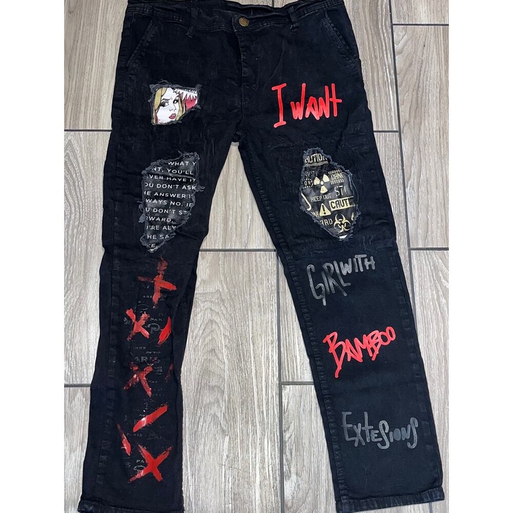 Mens Black PUNK jeans ripped Distressed Thrash